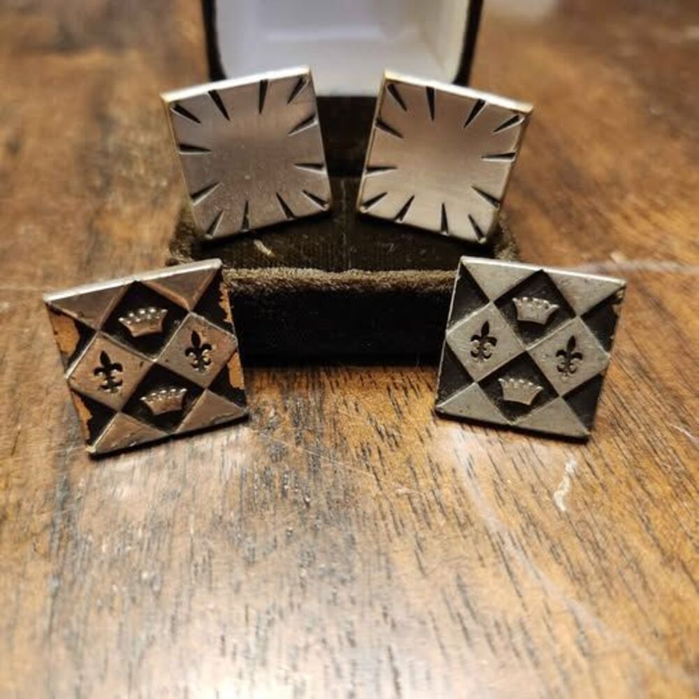 Vtg Mid-Century Swank Lancelot Crowns Fleur De Lis Cufflink Set Old Money Preppy